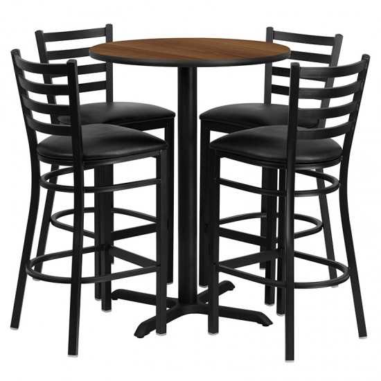 30'' Round Walnut Laminate Table Set with X-Base and 4 Ladder Back Metal Barstools - Black Vinyl Seat