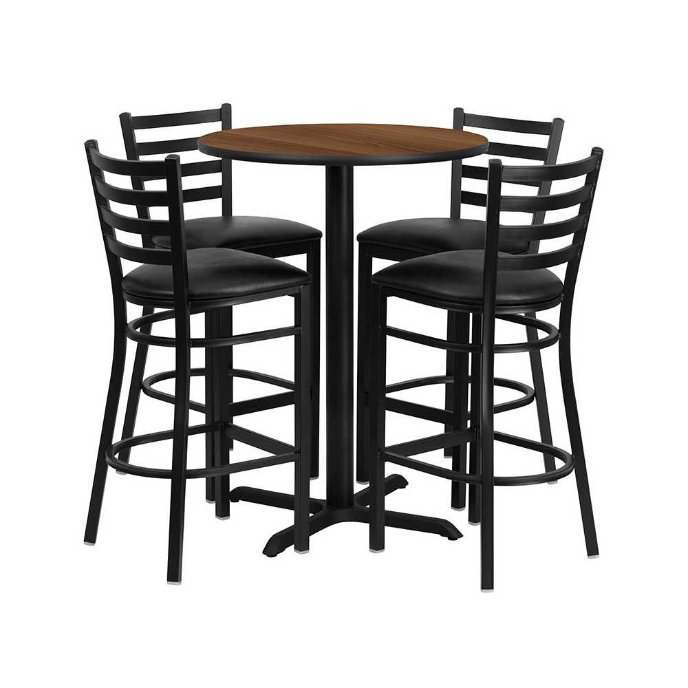 30'' Round Walnut Laminate Table Set with X-Base and 4 Ladder Back Metal Barstools - Black Vinyl Seat 30'' Round Walnut Laminate Table Set with X-Base and 4 Ladder Back Metal Barstools - Black Vinyl Seat