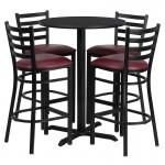 30'' Round Black Laminate Table Set with X-Base and 4 Ladder Back Metal Barstools - Burgundy Vinyl Seat