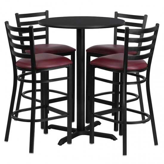 30'' Round Black Laminate Table Set with X-Base and 4 Ladder Back Metal Barstools - Burgundy Vinyl Seat