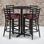 30'' Round Black Laminate Table Set with X-Base and 4 Ladder Back Metal Barstools - Burgundy Vinyl Seat