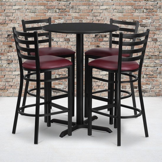 30'' Round Black Laminate Table Set with X-Base and 4 Ladder Back Metal Barstools - Burgundy Vinyl Seat