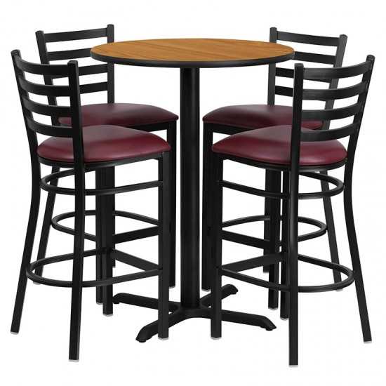 30'' Round Natural Laminate Table Set with X-Base and 4 Ladder Back Metal Barstools - Burgundy Vinyl Seat