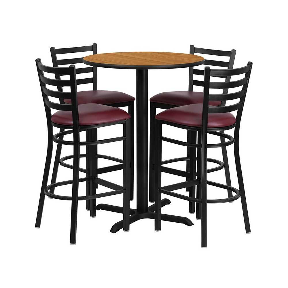 30'' Round Natural Laminate Table Set with X-Base and 4 Ladder Back Metal Barstools - Burgundy Vinyl Seat