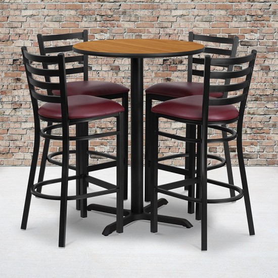 30'' Round Natural Laminate Table Set with X-Base and 4 Ladder Back Metal Barstools - Burgundy Vinyl Seat