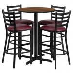 30\'\' Round Walnut Laminate Table Set with X-Base and 4 Ladder Back Metal Barstools - Burgundy Vinyl Seat