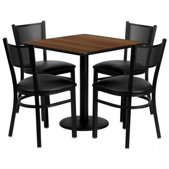 30'' Square Walnut Laminate Table Set with 4 Grid Back Metal Chairs - Black Vinyl Seat