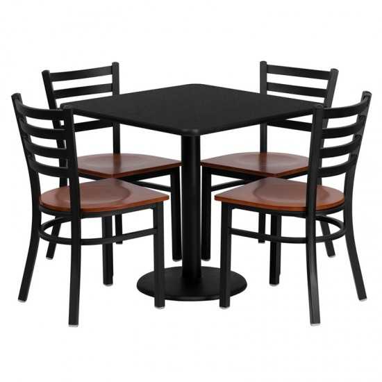 30'' Square Black Laminate Table Set with 4 Ladder Back Metal Chairs - Cherry Wood Seat