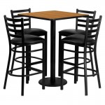 30'' Square Natural Laminate Table Set with 4 Ladder Back Metal Barstools - Black Vinyl Seat