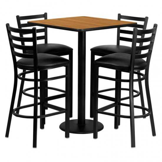 30'' Square Natural Laminate Table Set with 4 Ladder Back Metal Barstools - Black Vinyl Seat