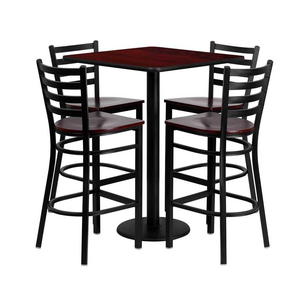 30'' Square Mahogany Laminate Table Set with 4 Ladder Back Metal Barstools - Mahogany Wood Seat