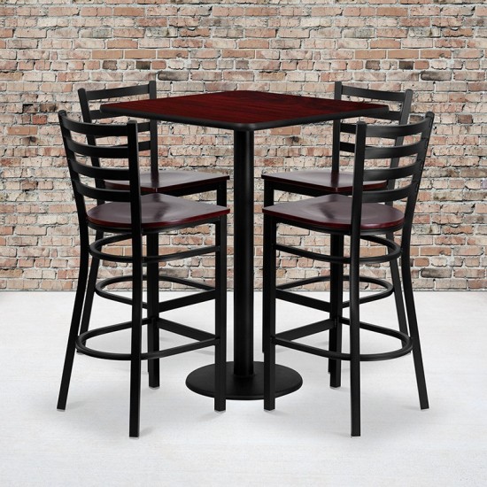 30'' Square Mahogany Laminate Table Set with 4 Ladder Back Metal Barstools - Mahogany Wood Seat