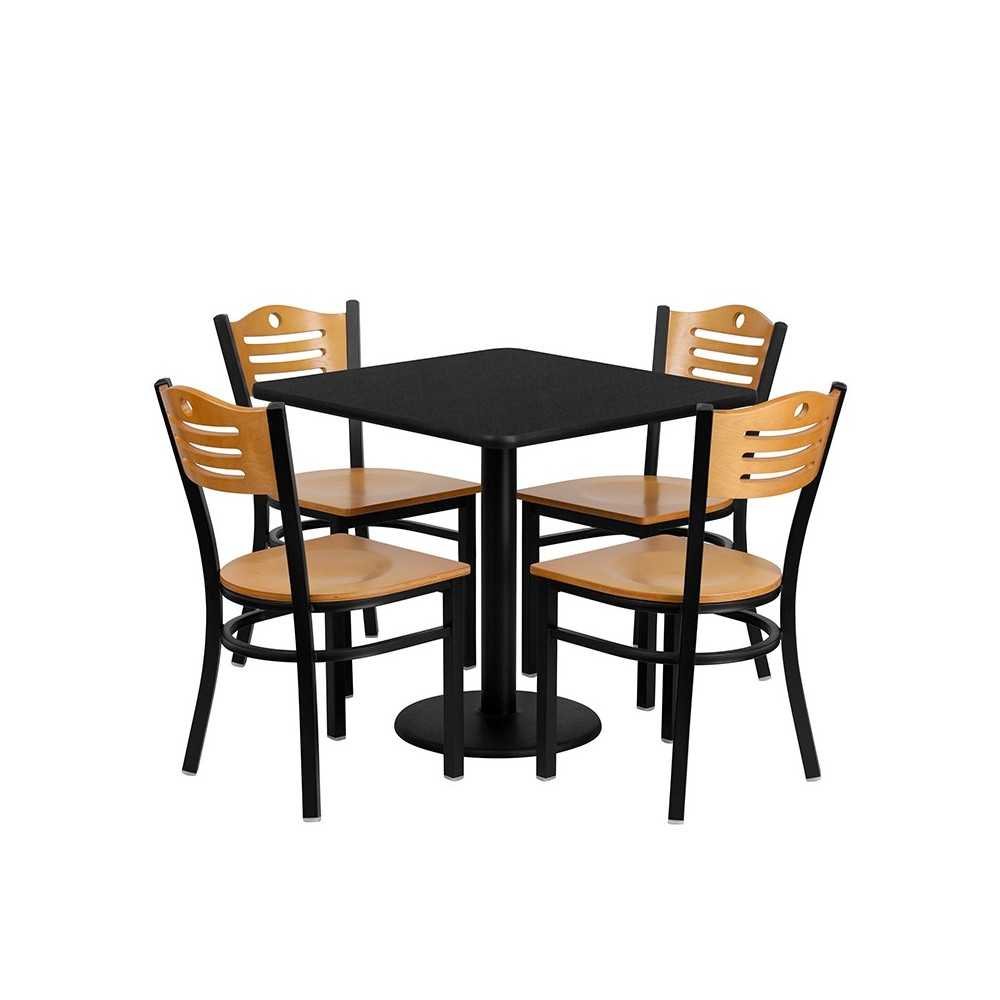 30'' Square Black Laminate Table Set with 4 Wood Slat Back Metal Chairs - Natural Wood Seat