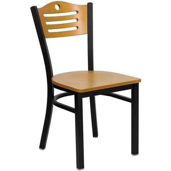 30'' Square Black Laminate Table Set with 4 Wood Slat Back Metal Chairs - Natural Wood Seat