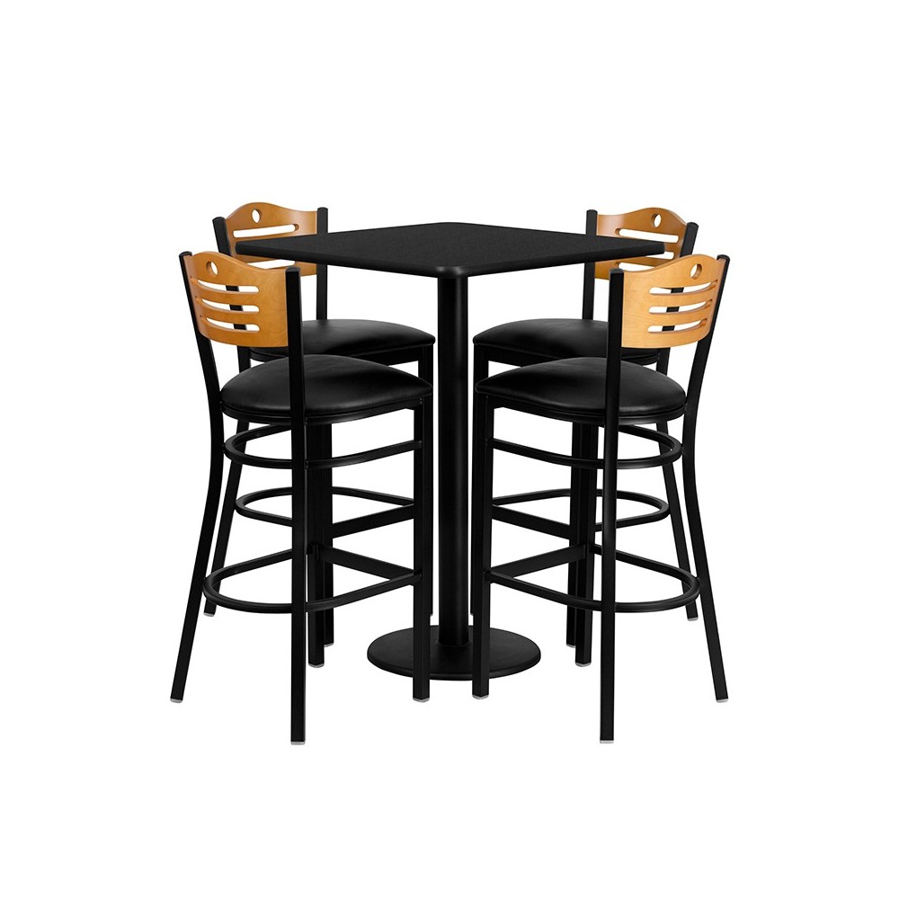 30'' Square Black Laminate Table Set with 4 Wood Slat Back Metal Barstools - Black Vinyl Seat