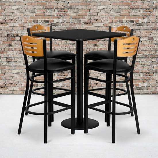 30'' Square Black Laminate Table Set with 4 Wood Slat Back Metal Barstools - Black Vinyl Seat