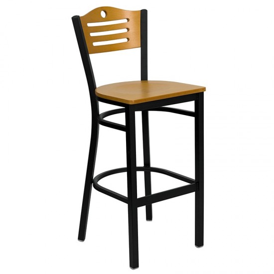 30'' Square Black Laminate Table Set with 4 Wood Slat Back Metal Barstools - Black Vinyl Seat