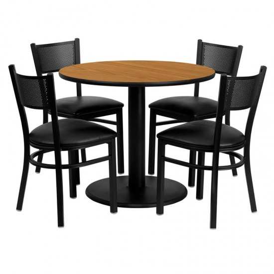 36'' Round Natural Laminate Table Set with 4 Grid Back Metal Chairs - Black Vinyl Seat