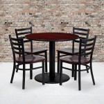 36'' Round Mahogany Laminate Table Set with 4 Ladder Back Metal Chairs - Mahogany Wood Seat