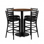 36'' Round Walnut Laminate Table Set with 4 Ladder Back Metal Barstools - Black Vinyl Seat