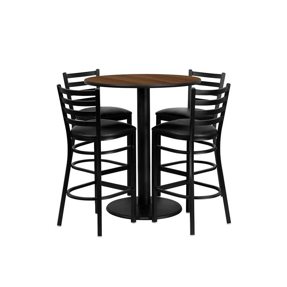 36'' Round Walnut Laminate Table Set with 4 Ladder Back Metal Barstools - Black Vinyl Seat