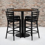 36'' Round Walnut Laminate Table Set with 4 Ladder Back Metal Barstools - Black Vinyl Seat