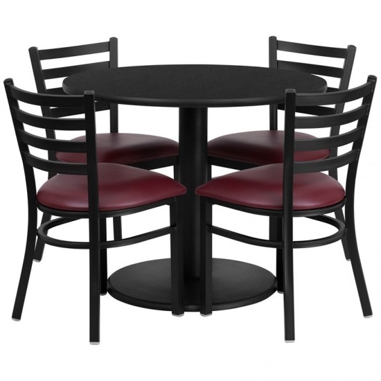 36'' Round Black Laminate Table Set with Round Base and 4 Ladder Back Metal Chairs - Burgundy Vinyl Seat