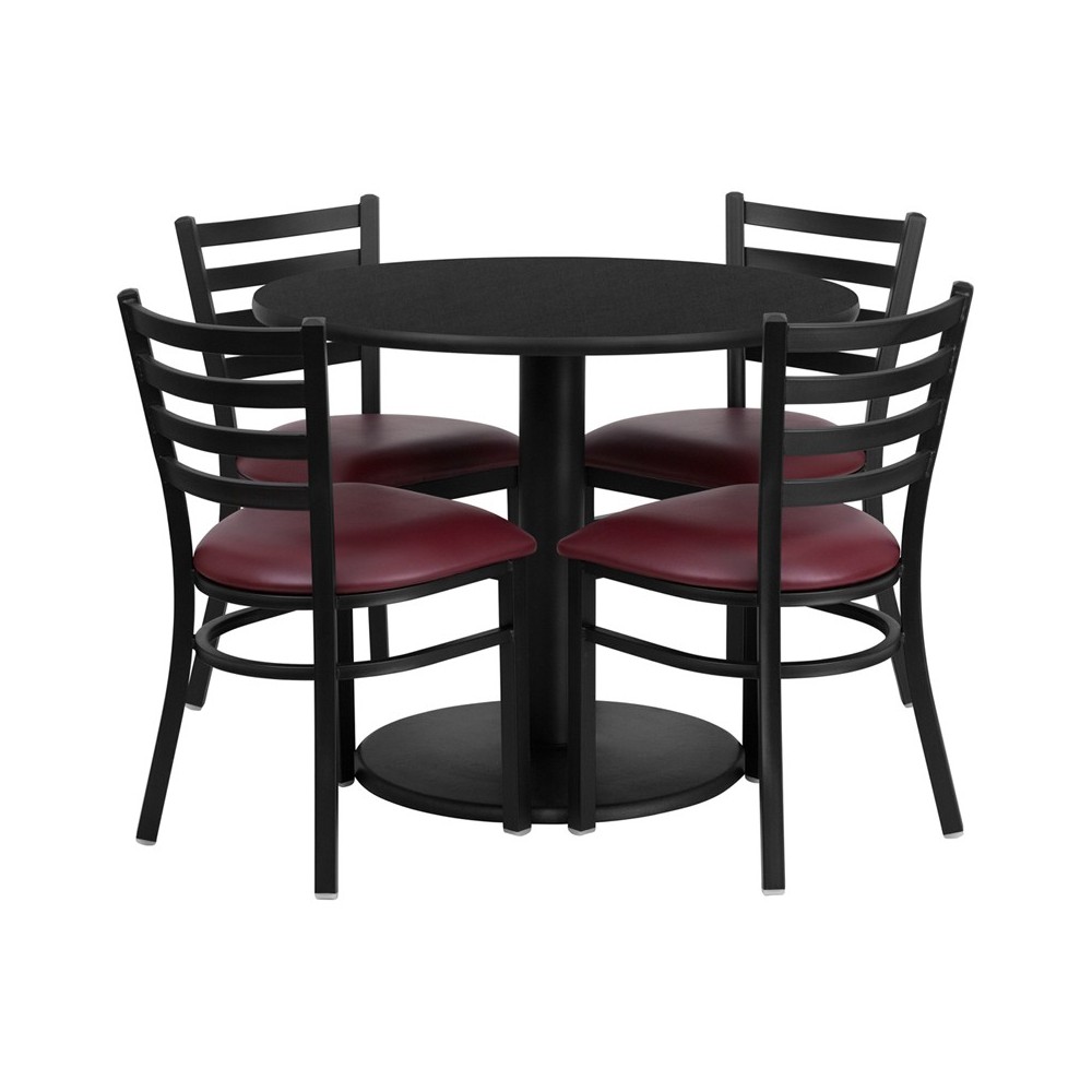 36'' Round Black Laminate Table Set with Round Base and 4 Ladder Back Metal Chairs - Burgundy Vinyl Seat