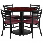 36'' Round Mahogany Laminate Table Set with Round Base and 4 Ladder Back Metal Chairs - Burgundy Vinyl Seat