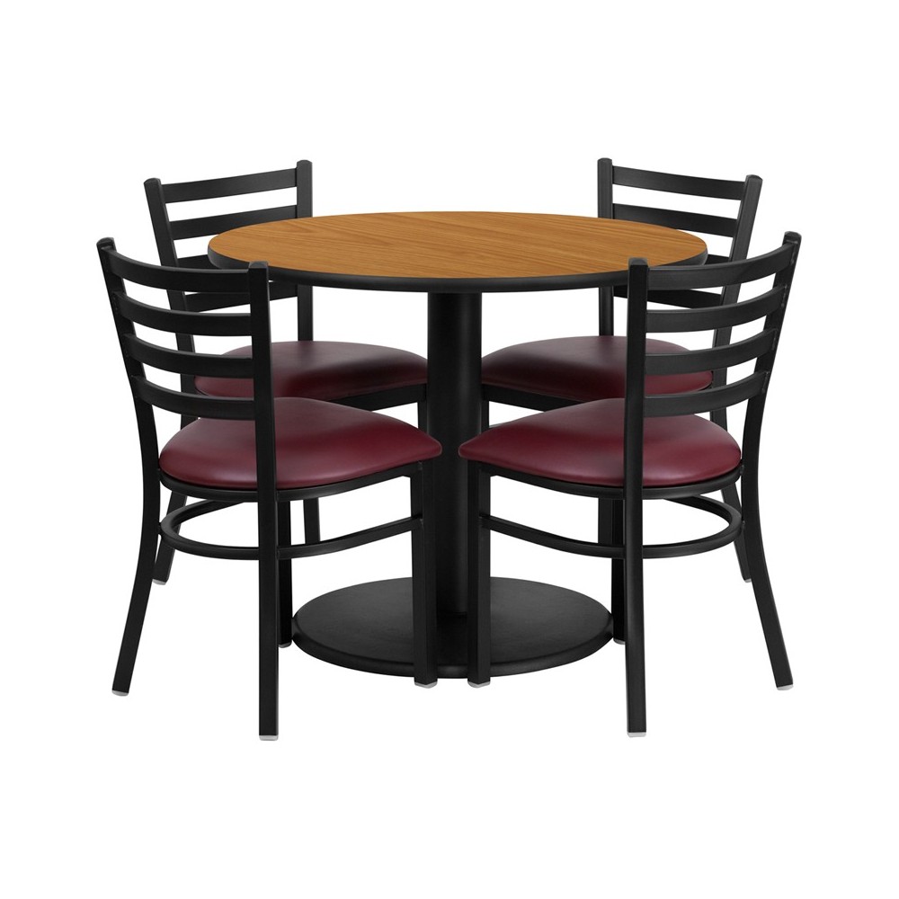 36'' Round Natural Laminate Table Set with Round Base and 4 Ladder Back Metal Chairs - Burgundy Vinyl Seat