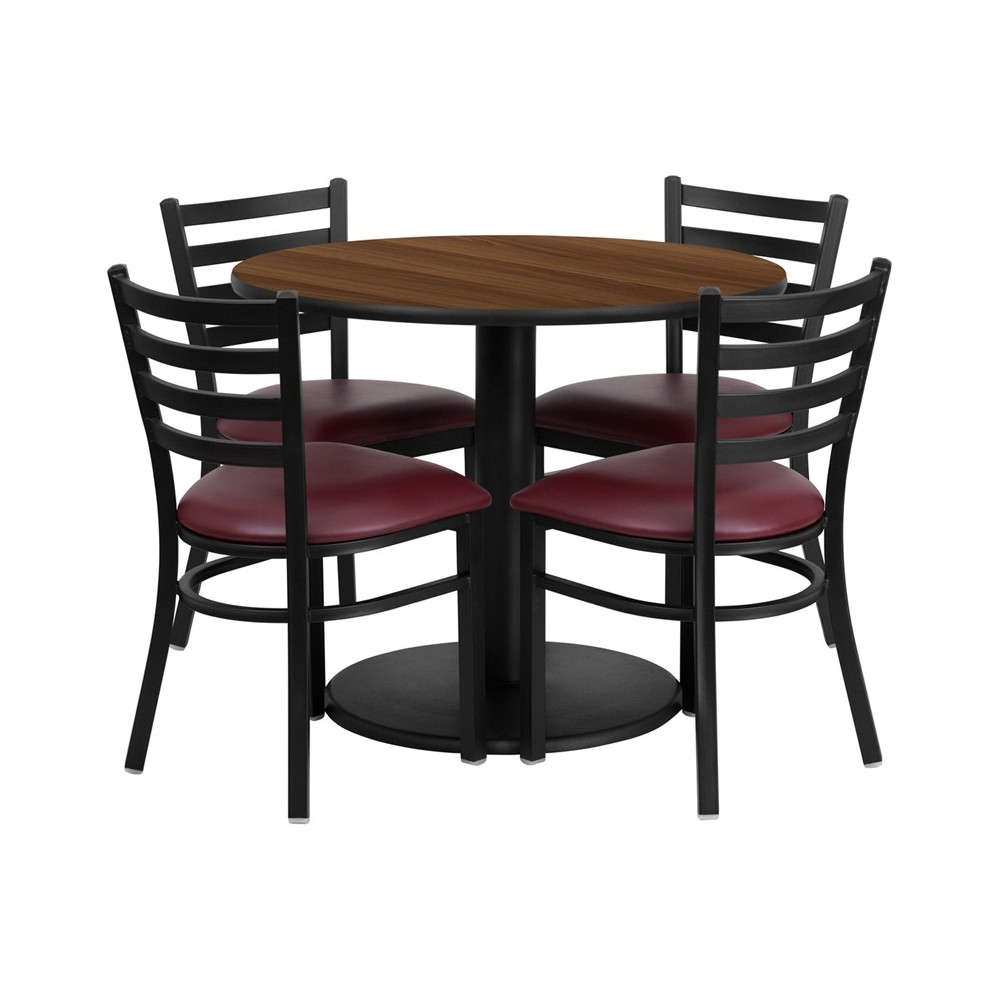 36'' Round Walnut Laminate Table Set with Round Base and 4 Ladder Back Metal Chairs - Burgundy Vinyl Seat