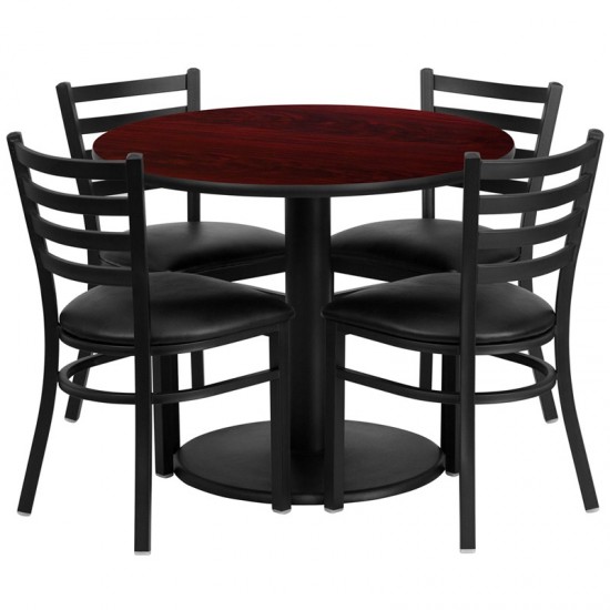 36'' Round Mahogany Laminate Table Set with Round Base and 4 Ladder Back Metal Chairs - Black Vinyl Seat