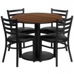 36'' Round Walnut Laminate Table Set with Round Base and 4 Ladder Back Metal Chairs - Black Vinyl Seat