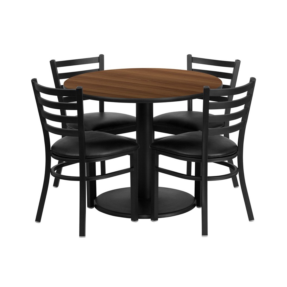36'' Round Walnut Laminate Table Set with Round Base and 4 Ladder Back Metal Chairs - Black Vinyl Seat