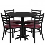 36'' Round Black Laminate Table Set with X-Base and 4 Ladder Back Metal Chairs - Burgundy Vinyl Seat