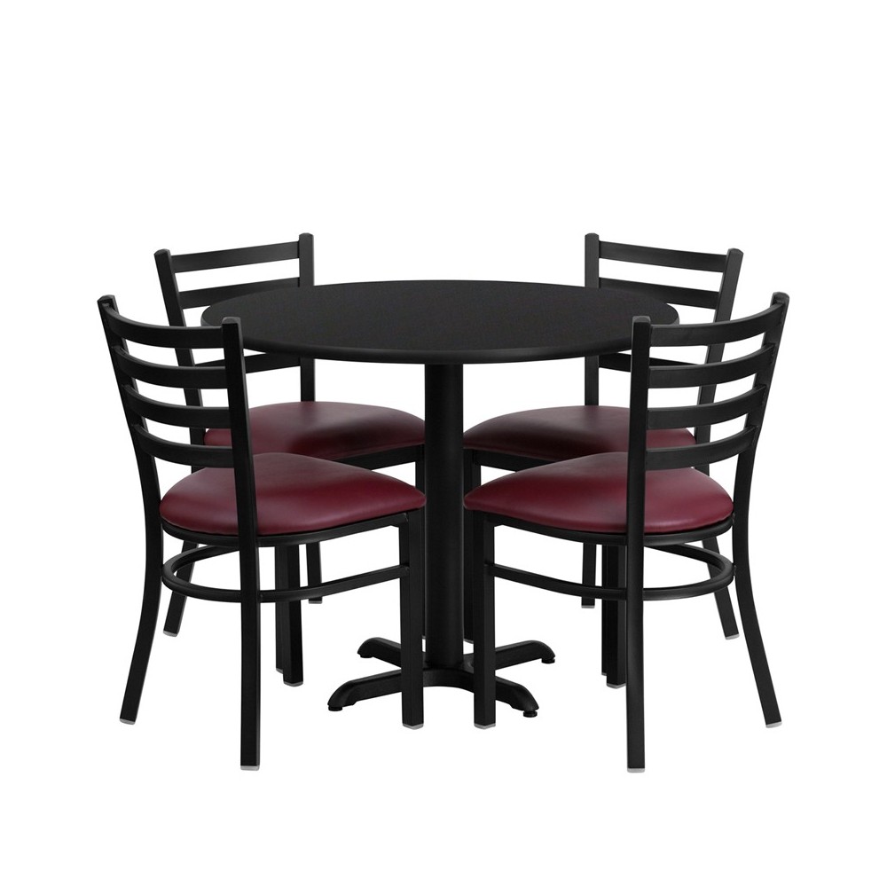 36'' Round Black Laminate Table Set with X-Base and 4 Ladder Back Metal Chairs - Burgundy Vinyl Seat