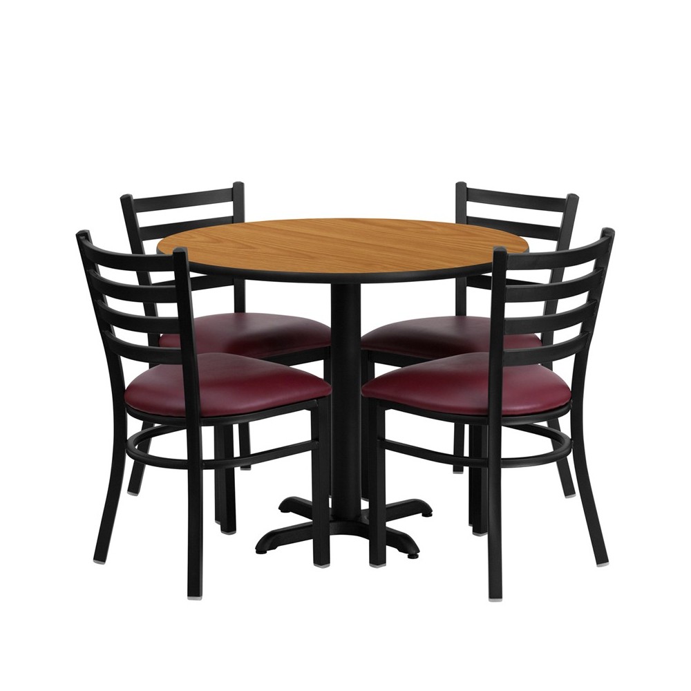 36'' Round Natural Laminate Table Set with X-Base and 4 Ladder Back Metal Chairs - Burgundy Vinyl Seat