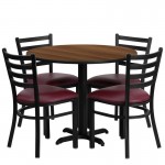 36'' Round Walnut Laminate Table Set with X-Base and 4 Ladder Back Metal Chairs - Burgundy Vinyl Seat