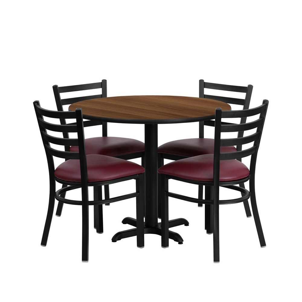 36'' Round Walnut Laminate Table Set with X-Base and 4 Ladder Back Metal Chairs - Burgundy Vinyl Seat