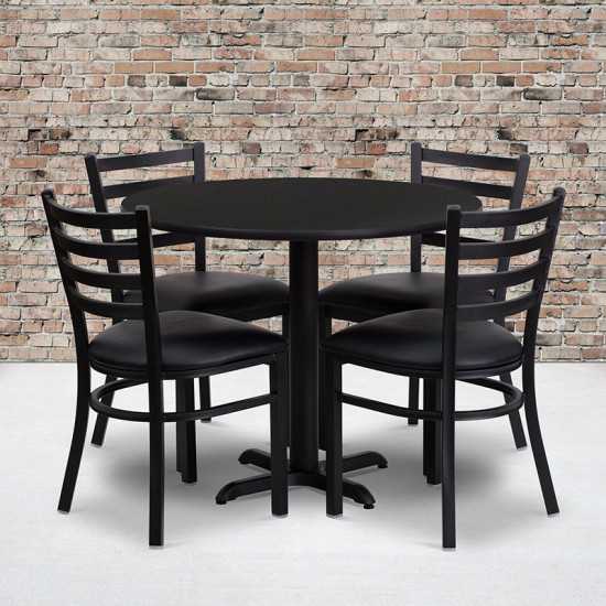 36'' Round Black Laminate Table Set with X-Base and 4 Ladder Back Metal Chairs - Black Vinyl Seat