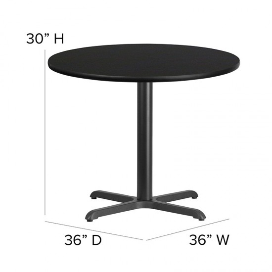 36'' Round Black Laminate Table Set with X-Base and 4 Ladder Back Metal Chairs - Black Vinyl Seat