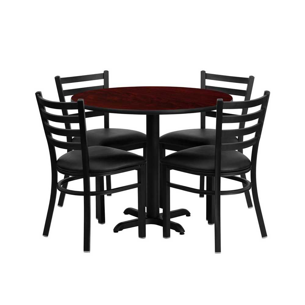 36'' Round Mahogany Laminate Table Set with X-Base and 4 Ladder Back Metal Chairs - Black Vinyl Seat