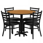 36'' Round Natural Laminate Table Set with X-Base and 4 Ladder Back Metal Chairs - Black Vinyl Seat