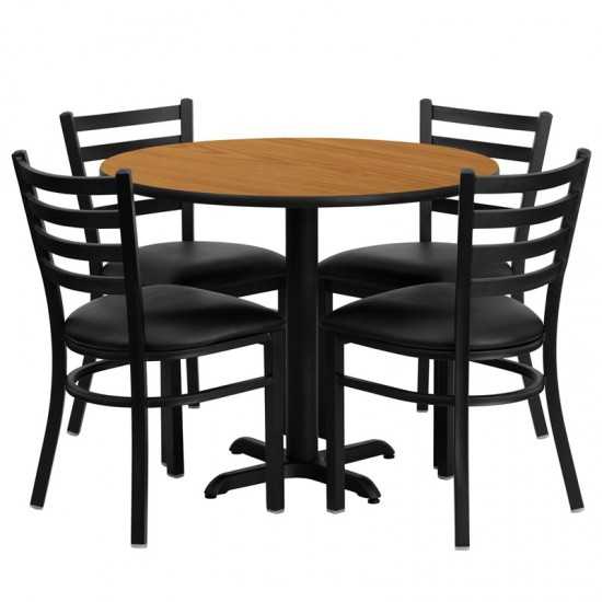 36'' Round Natural Laminate Table Set with X-Base and 4 Ladder Back Metal Chairs - Black Vinyl Seat