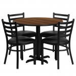 36'' Round Walnut Laminate Table Set with X-Base and 4 Ladder Back Metal Chairs - Black Vinyl Seat