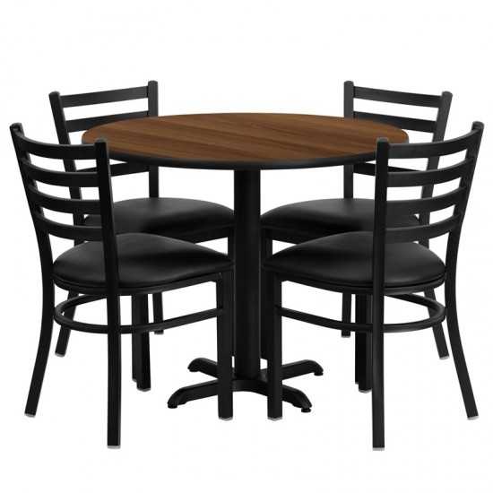 36'' Round Walnut Laminate Table Set with X-Base and 4 Ladder Back Metal Chairs - Black Vinyl Seat