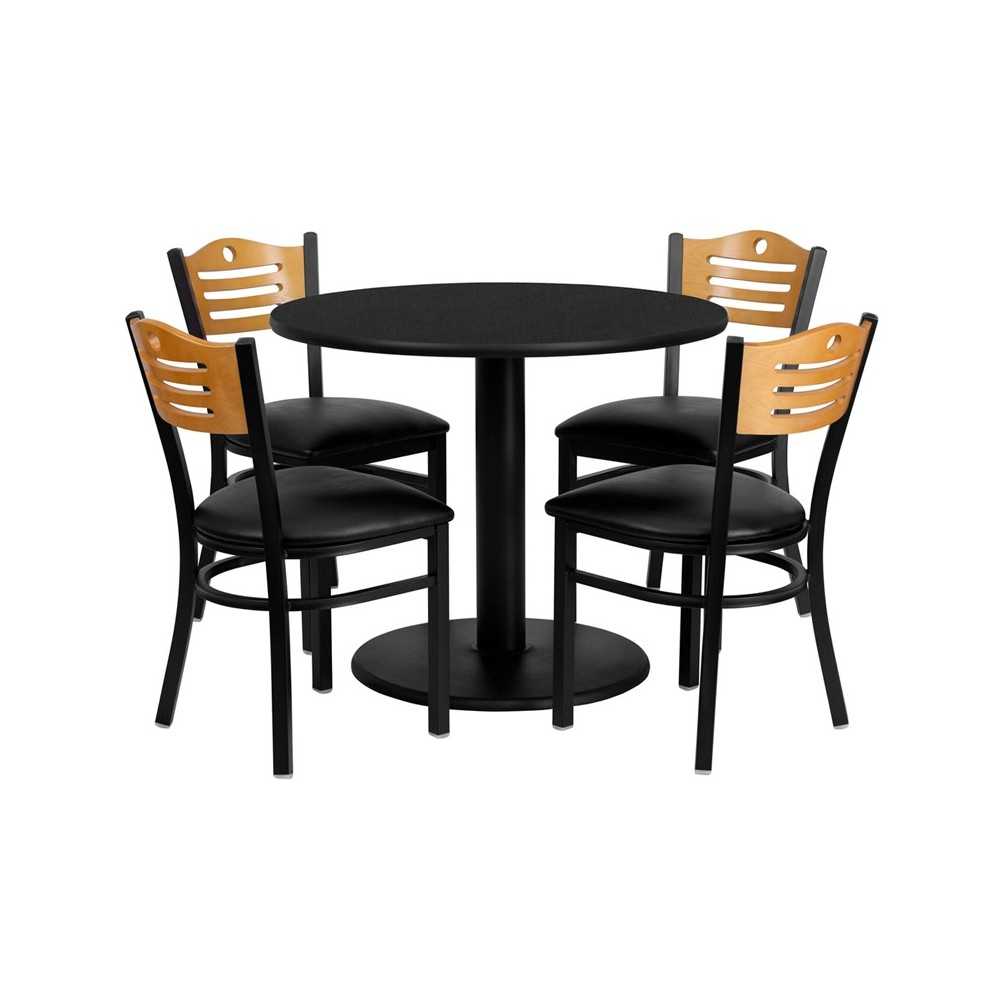 36'' Round Black Laminate Table Set with 4 Wood Slat Back Metal Chairs - Black Vinyl Seat