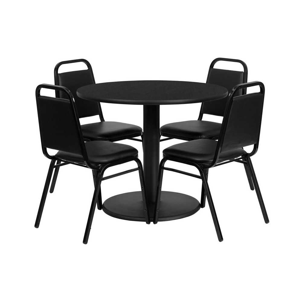 36'' Round Black Laminate Table Set with Round Base and 4 Black Trapezoidal Back Banquet Chairs