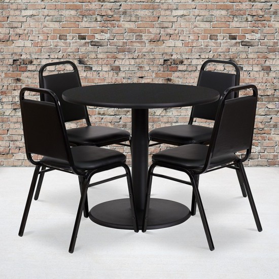 36'' Round Black Laminate Table Set with Round Base and 4 Black Trapezoidal Back Banquet Chairs