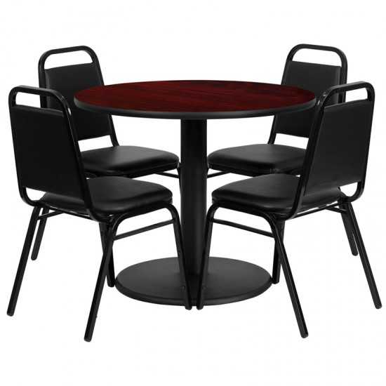 36'' Round Mahogany Laminate Table Set with Round Base and 4 Black Trapezoidal Back Banquet Chairs